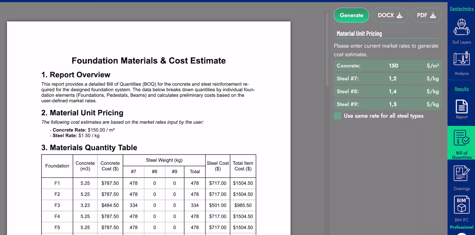Bill of Quantities Report